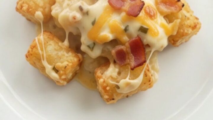 Slow cooker filled with bubbling tater tot bake topped with melted pepper jack and crispy onions