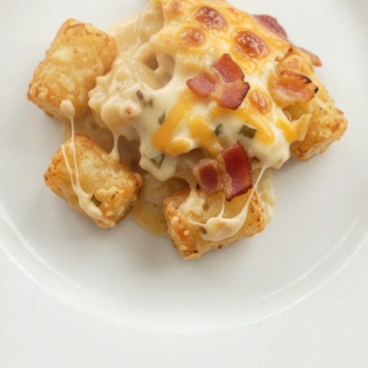 Slow cooker filled with bubbling tater tot bake topped with melted pepper jack and crispy onions