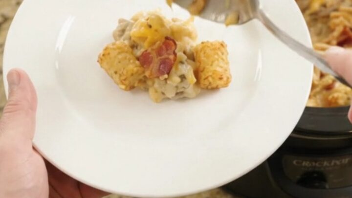 Slow cooker tater tot bake with melted pepper jack cheese and crispy onions