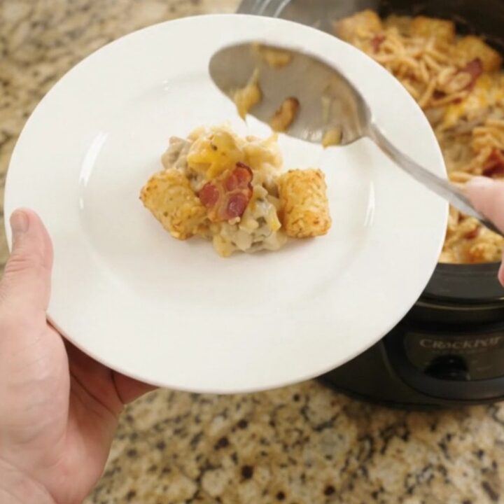 Slow cooker tater tot bake with melted pepper jack cheese and crispy onions