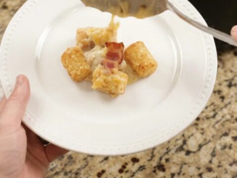 Slow cooker tater tot bake with broccoli and melted cheese