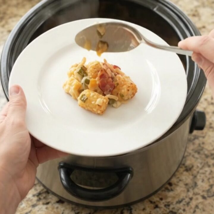 Pepper Jack Green Chile Tater Tot Bake in a black slow cooker, topped with melted cheese and crispy onions.