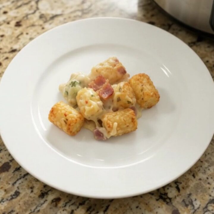Crockpot tater tot casserole with broccoli and pepper jack cheese, golden and bubbling in the slow cooker.