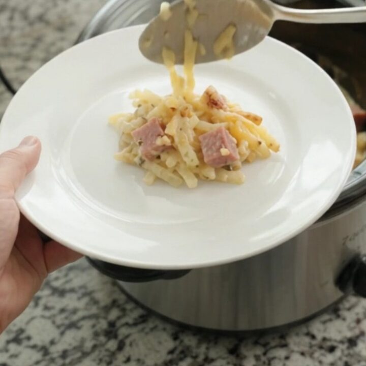 Slow cooker full of bubbling pepper jack sour cream hashbrown bake with crispy onions on top.
