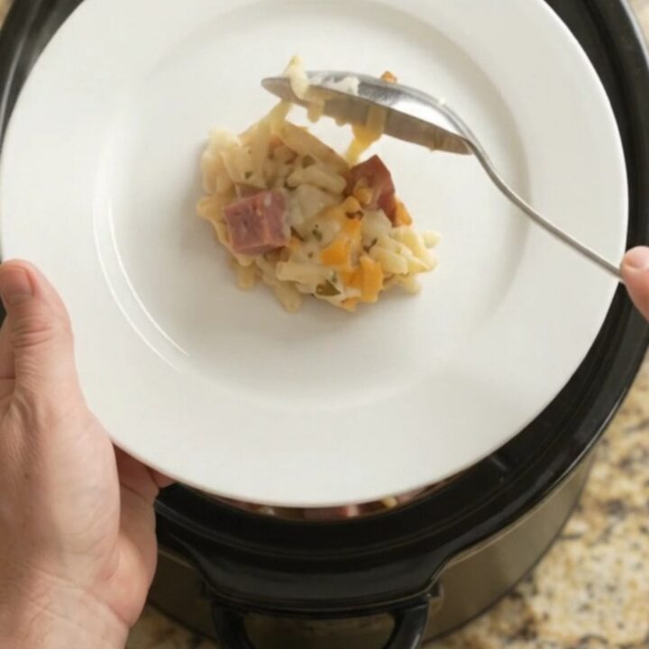 Slow-cooker hashbrown bake with melted pepper jack and crispy onions, served in a black Crockpot.