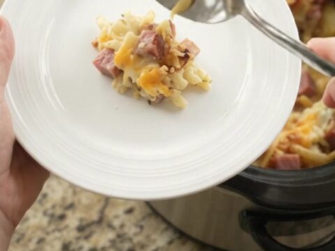 Bubbling slow cooker hashbrown bake with melted pepper jack and crispy onions