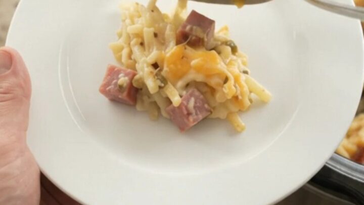 Slow cooker filled with bubbling hashbrown casserole topped with melted pepper jack and crispy onions