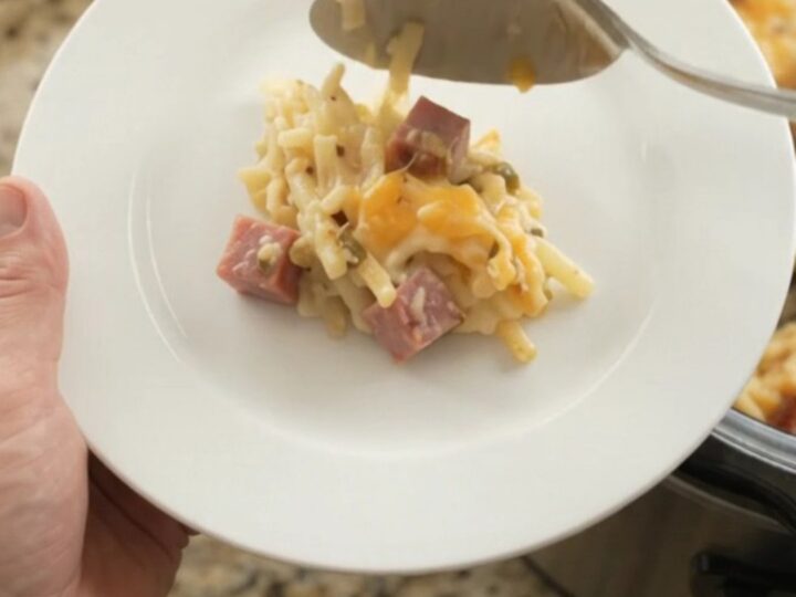 Slow cooker filled with bubbling hashbrown casserole topped with melted pepper jack and crispy onions