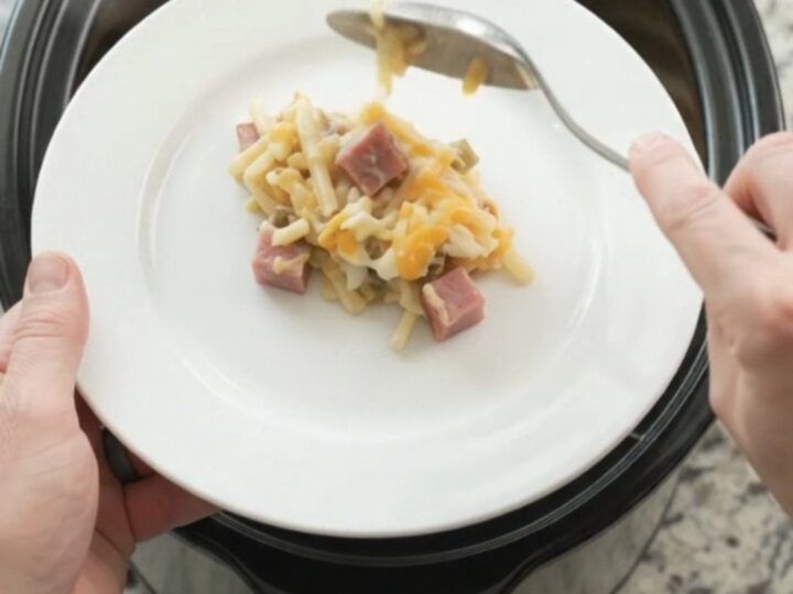 Slow cooker hashbrown bake with melted cheese and green chiles