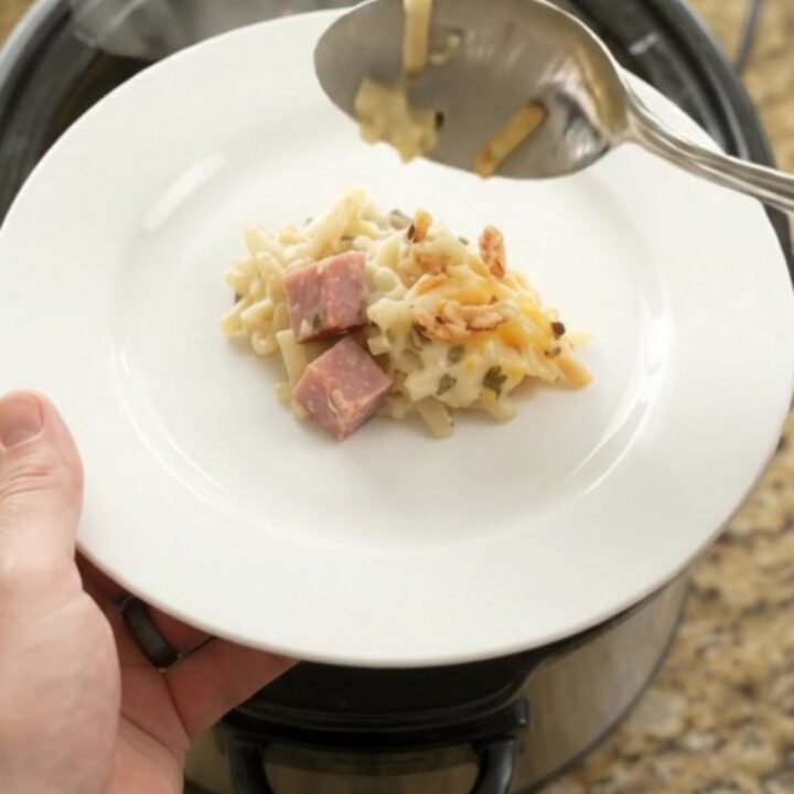 Slow cooker hashbrown bake with ham, broccoli, and melted pepper jack cheese topped with crispy onions.