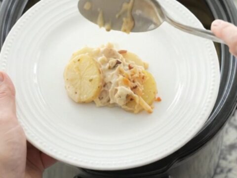 Slow cooker filled with creamy pepper jack scalloped potatoes, topped with crispy onions