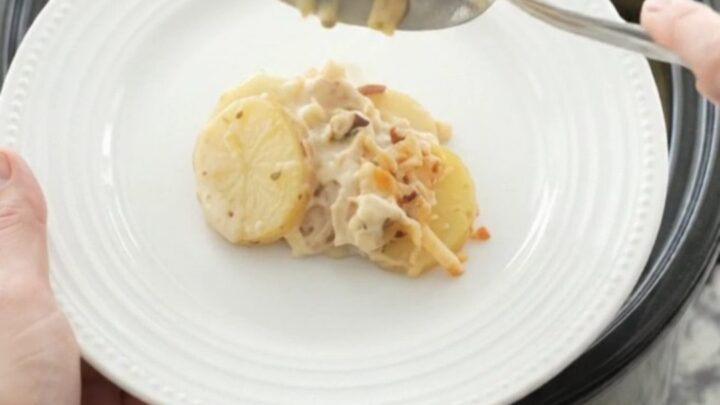 Slow cooker filled with creamy pepper jack scalloped potatoes, topped with crispy onions