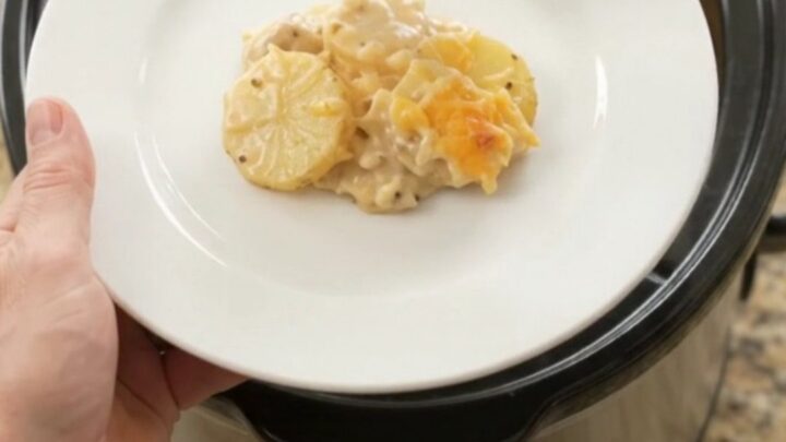 Bubbling slow-cooker casserole with golden melted cheddar and tender potato slices