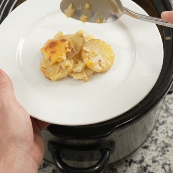 Crockpot cheddar roasted garlic scalloped potatoes bubbling in a slow cooker