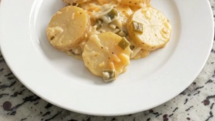 Slow cooker filled with bubbling green chile scalloped potatoes topped with melted Colby-Jack cheese.