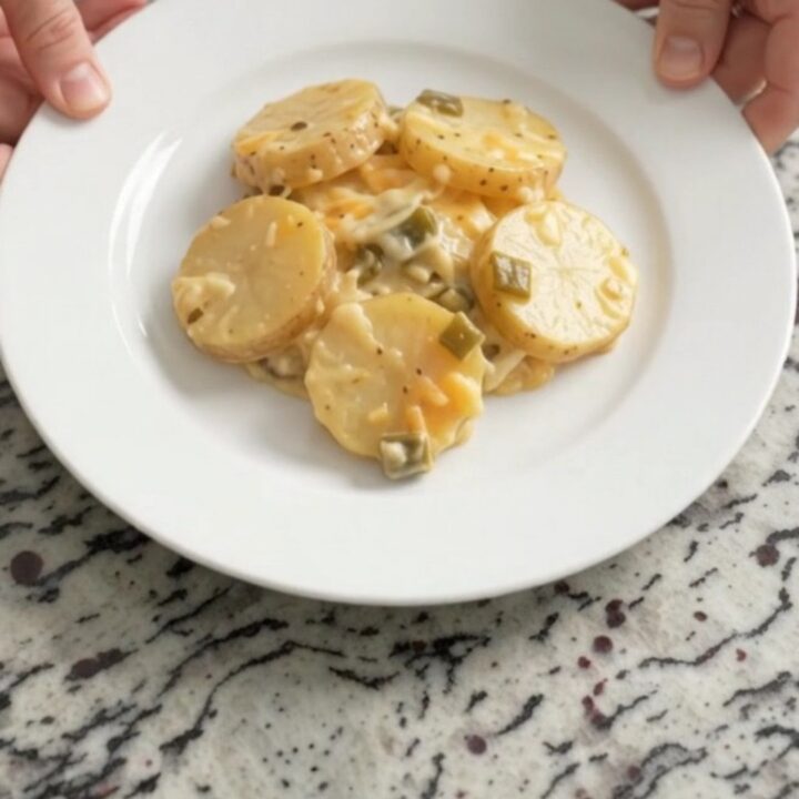 Slow cooker filled with bubbling green chile scalloped potatoes topped with melted Colby-Jack cheese.