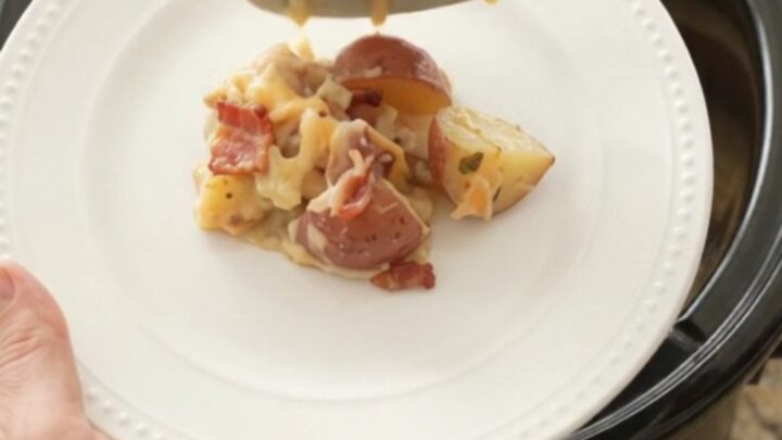 Slow cooker filled with creamy red potato bake topped with melted smoked Gouda and Parmesan