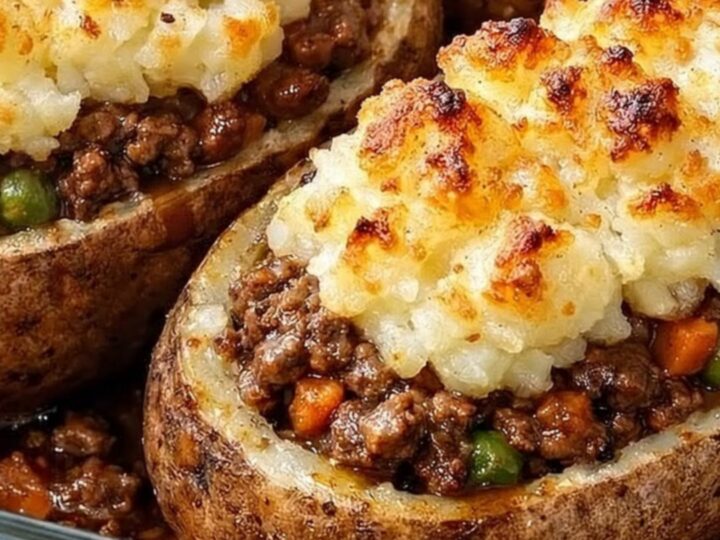 Four golden-brown twice-baked potatoes in a glass dish with visible piped potato peaks.
