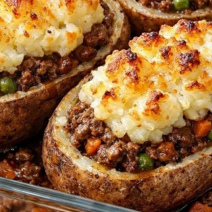 Four golden-brown twice-baked potatoes in a glass dish with visible piped potato peaks.