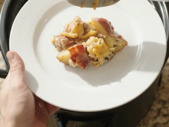Bubbling Crockpot pepper jack ranch potato bake with melted cheese and crispy onions