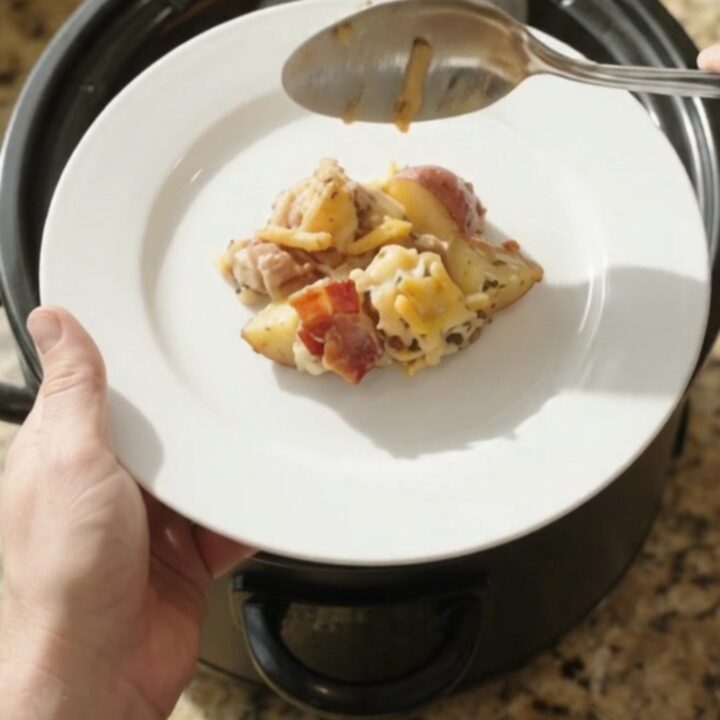 Bubbling Crockpot pepper jack ranch potato bake with melted cheese and crispy onions