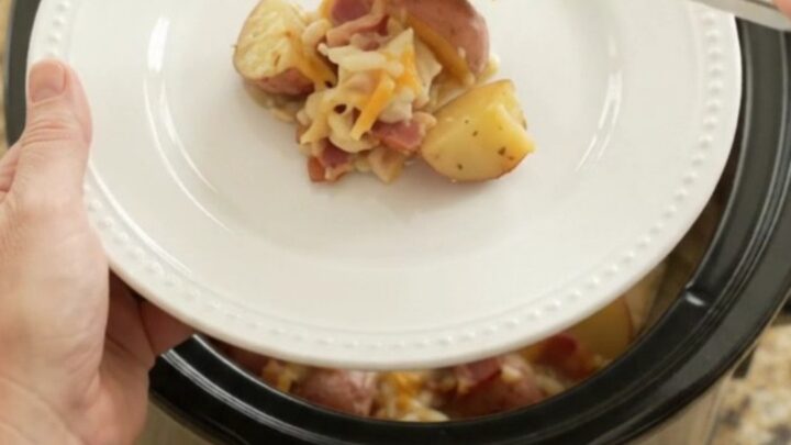 Slow cooker filled with bubbling cheesy potato bake with melted Colby-Jack and cream cheese