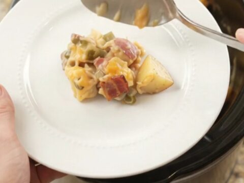 Steaming slow cooker filled with creamy red potato bake topped with melted cheese and bacon bits