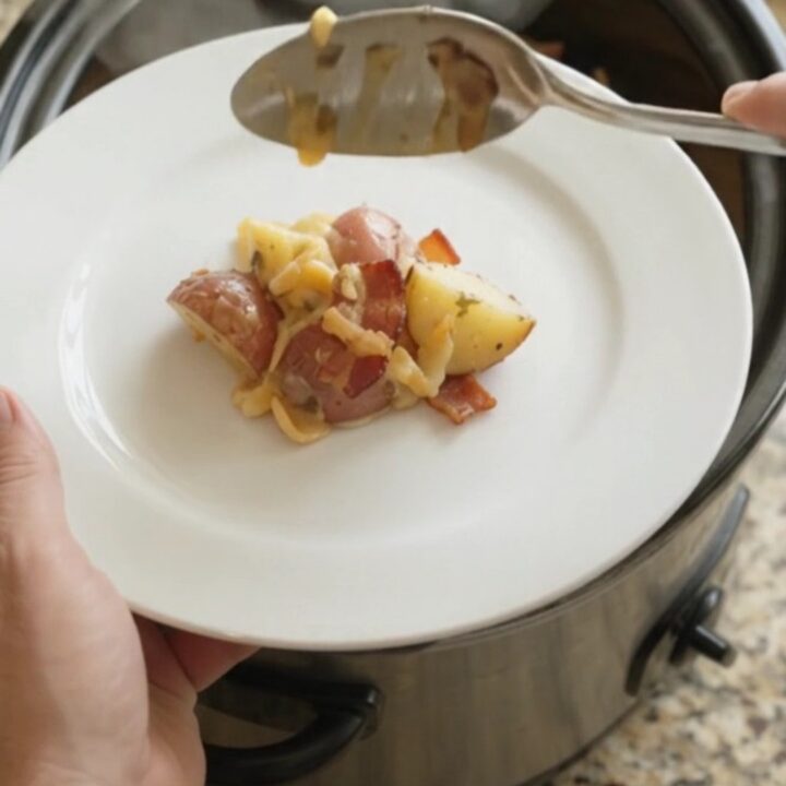 Bubbling slow cooker potato bake with melted cheese and crispy onions