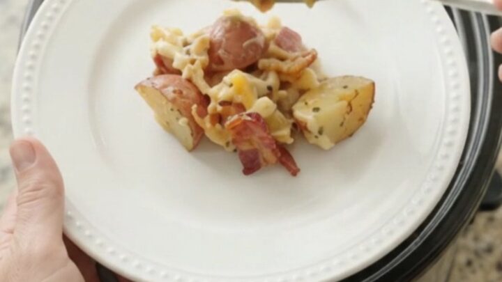 Slow cooker pepper jack red potato bake with crispy onions