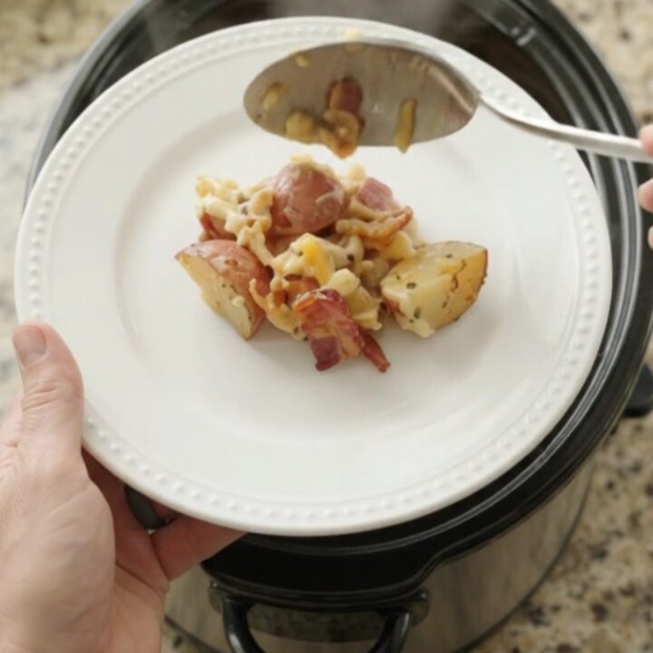 Slow cooker pepper jack red potato bake with crispy onions