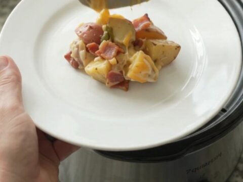 Bubbling Crockpot of Colby-Jack Green Chile Red Potato Bake with melted cheese and tender potatoes