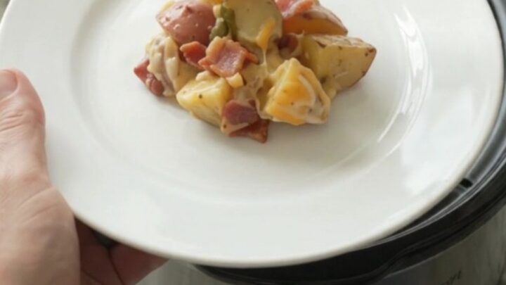 Bubbling Crockpot of Colby-Jack Green Chile Red Potato Bake with melted cheese and tender potatoes