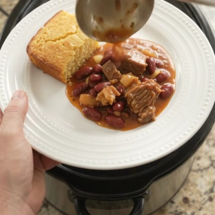 Slow cooker chili with brisket, kidney beans, and melted pepper jack cheese, topped with a creamy swirl