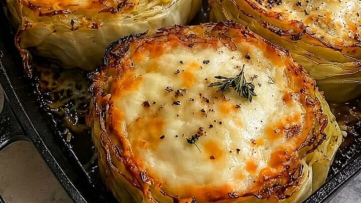 Four golden, cheese-topped cabbage steaks in a black cast iron skillet with steam drifting up.