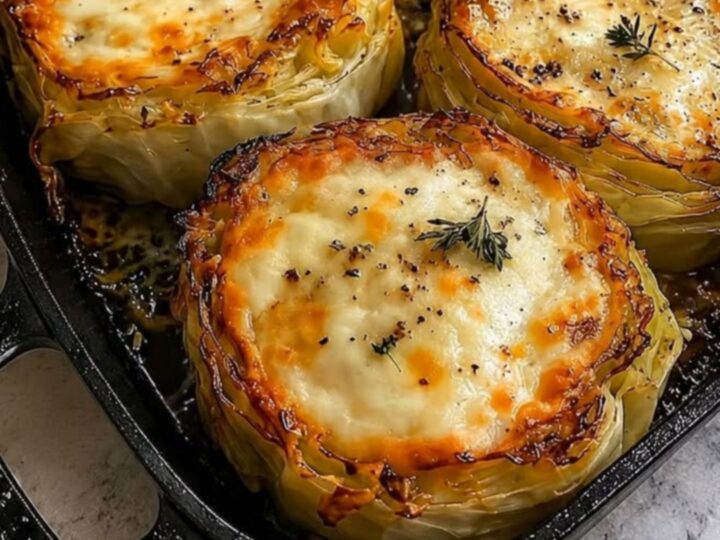 Four golden, cheese-topped cabbage steaks in a black cast iron skillet with steam drifting up.