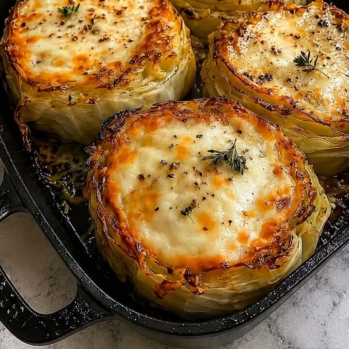 Four golden, cheese-topped cabbage steaks in a black cast iron skillet with steam drifting up.