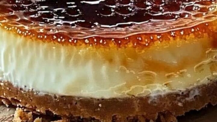 A close-up view of a silver spoon cracking the golden, brittle sugar crust of a creamy cheesecake.