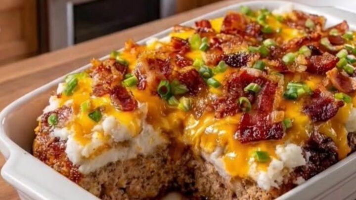 A slice of cheesy loaded meatloaf casserole on a white plate, showing layers of meat, potatoes, and melted cheese.