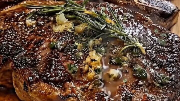 A perfectly seared bone-in ribeye resting on a wooden board, topped with melting garlic herb butter and fresh rosemary.