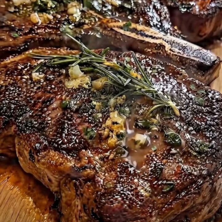 A perfectly seared bone-in ribeye resting on a wooden board, topped with melting garlic herb butter and fresh rosemary.