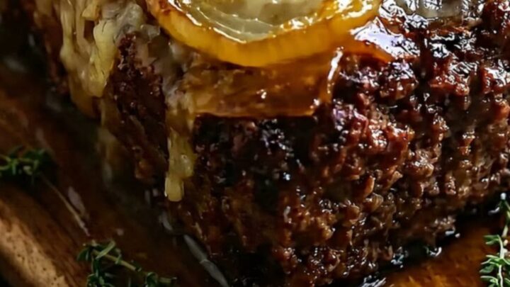 A close-up of a juicy beef meatloaf topped with golden caramelized onions and fresh thyme on a rustic wooden board.