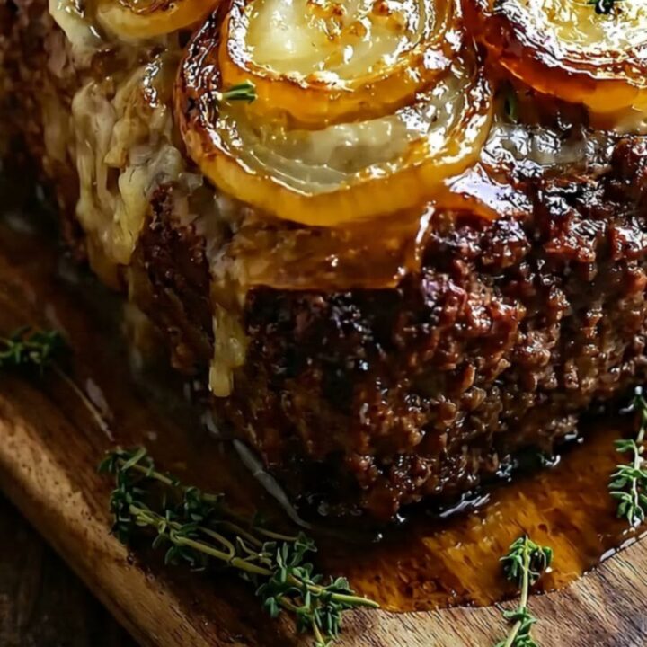 A close-up of a juicy beef meatloaf topped with golden caramelized onions and fresh thyme on a rustic wooden board.