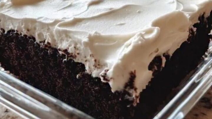 A rich, moist chocolate cake in a clear square glass baking dish on a granite counter.