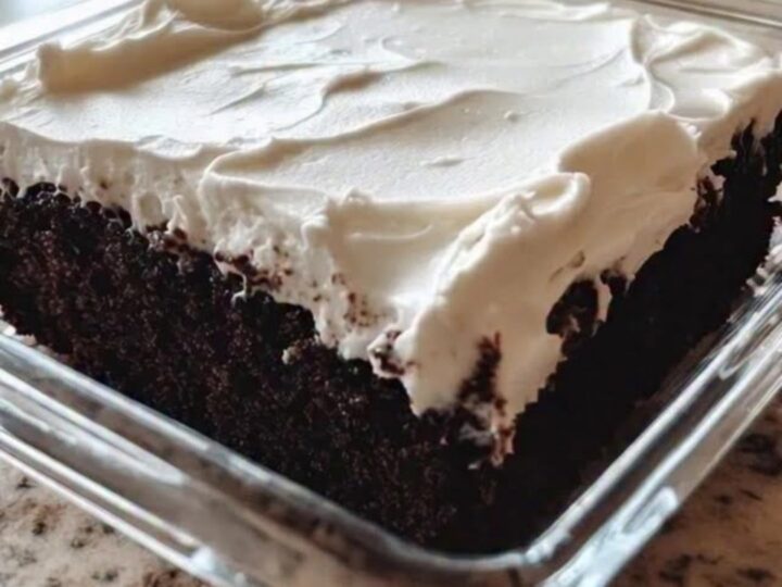 A rich, moist chocolate cake in a clear square glass baking dish on a granite counter.