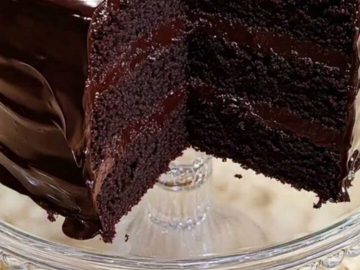 A three-layer dark chocolate fudge cake with glossy ganache on a glass stand.