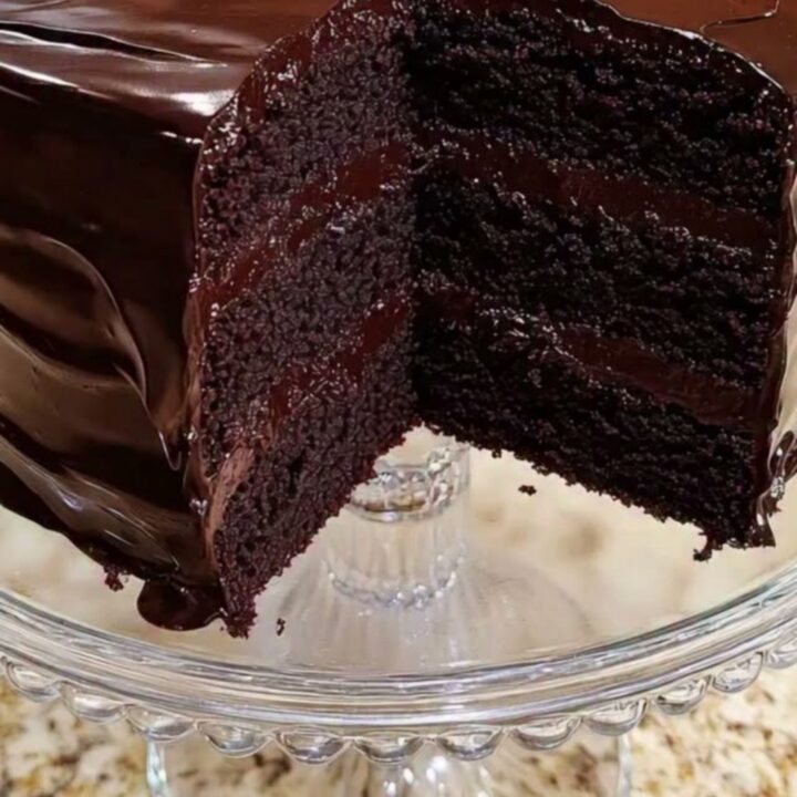 A three-layer dark chocolate fudge cake with glossy ganache on a glass stand.