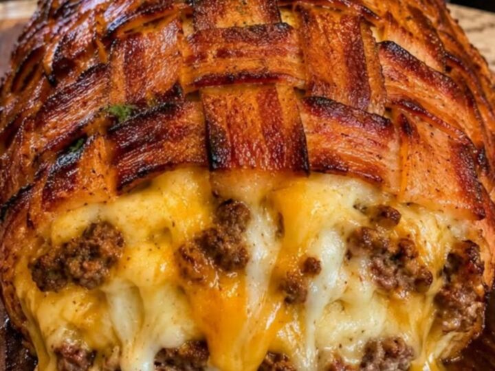 A close-up of a bacon-wrapped meatloaf on a wooden board with melted cheese oozing from the center.