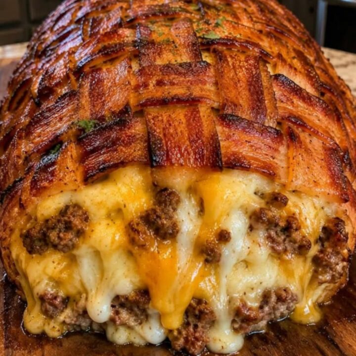 A close-up of a bacon-wrapped meatloaf on a wooden board with melted cheese oozing from the center.