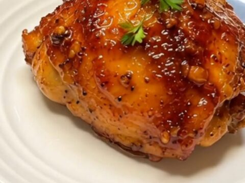 A juicy, caramelized honey garlic chicken thigh garnished with fresh parsley on a white ribbed ceramic plate.