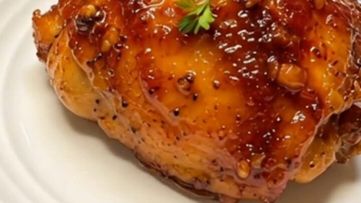 A juicy, caramelized honey garlic chicken thigh garnished with fresh parsley on a white ribbed ceramic plate.